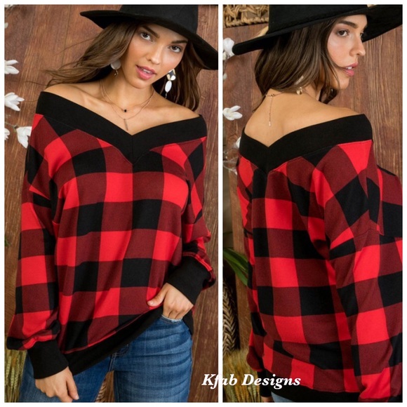 ❤️LAST! French Terry V Neck Contrast Band Soft Plaid Top! - Picture 4 of 10